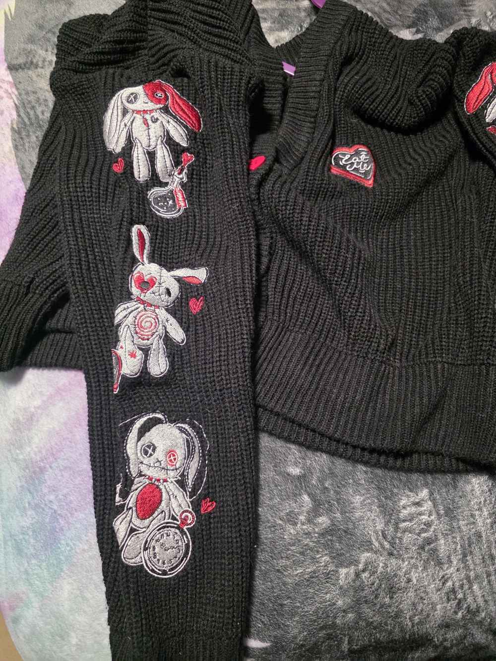 Black Embroidered Bunny Patch Cardigan Sleeve Detail Sweater - Picture 5 of 5